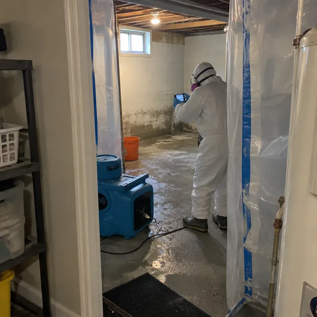 A sewer backup and cleanup in Lawrence being checked over
